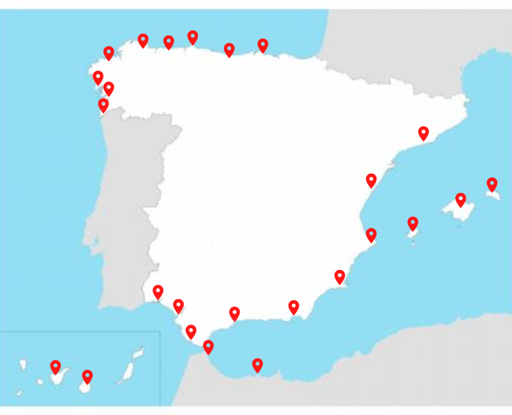 dibujo representado el mapa de España señalando sus puertos marítimos